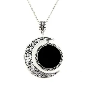 Vintage Crescent Moon Pendant Necklace Antique Silver Zinc Alloy Glass Time Gem Hollow Floral Bohemian Jewelry For Women Men
