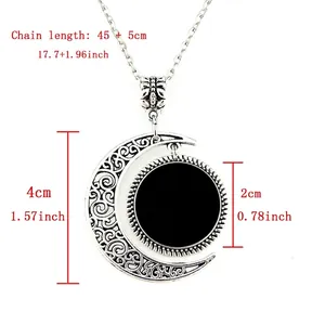 Vintage silver hollow moon pendant necklace with custom round plate on silver chain