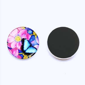Detailed front and back view of a 30mm round crystal glass fridge magnet with butterfly print