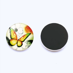 Front and back view of 30mm glass fridge magnet with butterfly and flower patterns