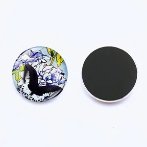 Detailed view of 25mm glass fridge magnets showing butterfly pattern and magnetic back