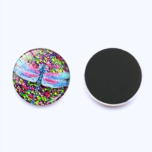 Detailed front and back view of 30mm glass fridge magnet with colorful dragonfly design