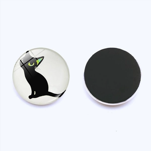 Voor- en achterkant van een 30mm ronde glazen koelkastmagneet met zwarte kat kunst