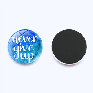 Aimant de frigo rond 25mm en verre bleu avec citation motivante Never Give Up