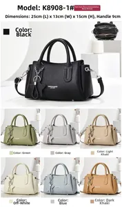 Detailansicht der Ledertasche mit Maßen und sieben verfügbaren Farbvarianten