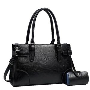 Classic black faux leather handbag set with retro pleated texture and mini coin purse