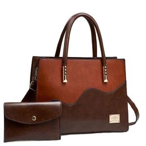 Fashion two-tone PU leather tote bag set with matching wallet and golden hardware details