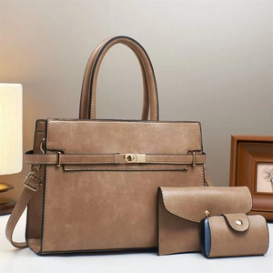 Three-piece brown matte leather handbag set with tote, wallet, and card holder detail