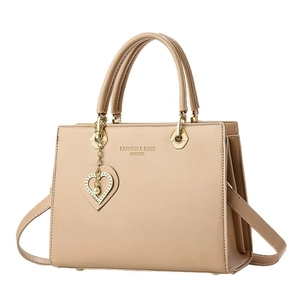 Khaki leather tote bag for women featuring a gold heart pearl charm and shoulder strap