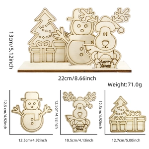 Detailed view of DIY wooden Christmas tabletop ornaments with snowman and reindeer