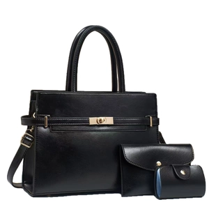 3-piece black glossy faux leather handbag set with tote, wallet and card holder