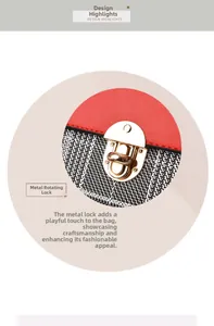 Detail of golden metal twist lock on a classic plaid handbag with red leather lid