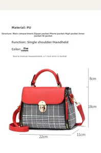 Internal compartments of red and plaid handbag showing main pocket and zipper bags