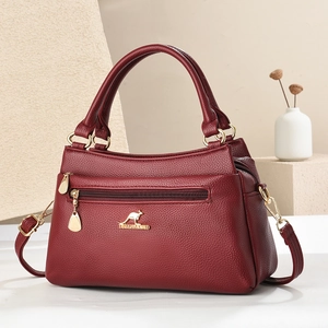 Dunkelweinrote Lederhandtasche mit Litschi-Muster für Damen, Doppelgriff und Goldlogo