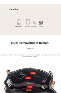 Detail showing high-capacity interior with multi-compartment design for classic handbag