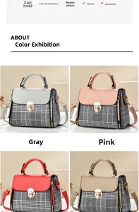 Detail view of plaid handbag interior capacity for phone, wallet and cosmetics