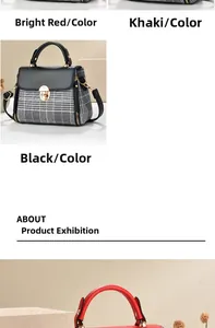 Detail view of plaid women handbag featuring turn-lock closure and gold hardware