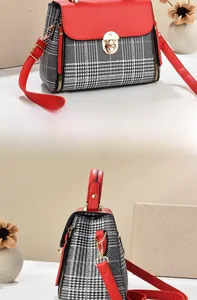 Close-up of red lychee leather and houndstooth pattern handbag with gold twist lock