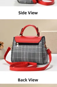 Detailed back view of checkered handbag with red leather flap and golden zipper pocket