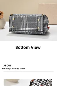 Detailed macro view of the houndstooth handbag bottom with gold protective metal feet