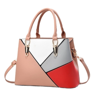 Minimalist geometric patchwork leather tote bag with top handle and shoulder strap