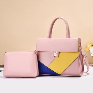 Chic pink patchwork tote bag set with geometric stripes and golden H-buckle hardware