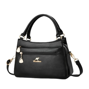 Klassische schwarze Handtasche für Damen mit Litschimuster, Goldreißverschluss und Gurt