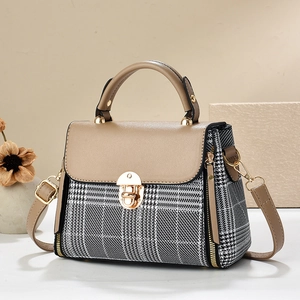 Classic houndstooth handbag with khaki leather trim and gold metal twist lock