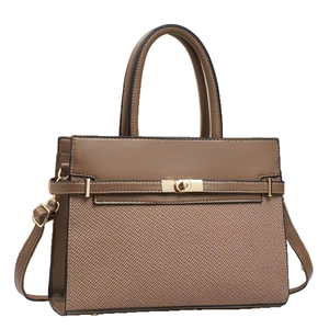 Classic brown textured crossbody handbag with gold lock and fabric patchwork design
