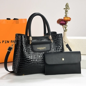 Women Crocodile Embossed PU Leather Handbag And Pouch Set Glossy Gradient Shoulder Bag For Business Commute Fashion Large Tote