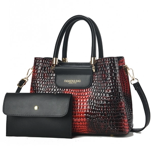 Red and black gradient crocodile pattern tote bag with matching black clutch set