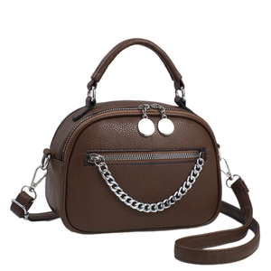 Dark brown lychee pattern leather crossbody bag with chain and double zip design
