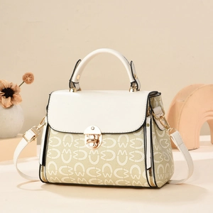 Damen Vintage Monogramm PU Leder Handtasche Kontrastfarbe Umhängetasche Mit Metallschloss Elegante Schultertasche Für Alltag Büro
