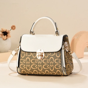 Modische beige Kontrast-Handtasche mit Jacquard-Muster, Henkel und goldenem Drehverschluss