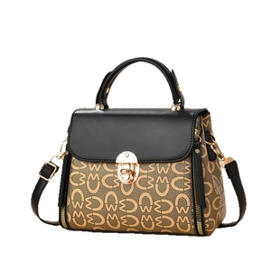 Khaki Retro-Umhängetasche mit Monogramm-Print und schwarzem Kontrastgriff
