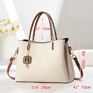 Elegant beige leather tote bag with dark brown handles and removable shoulder strap