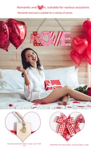 Detail of LOVE wooden sign with red plaid bow and heart patterns for Valentine decor