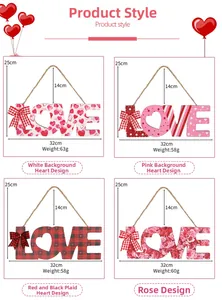 Detail of four LOVE letter wooden signs with heart patterns and red plaid bows