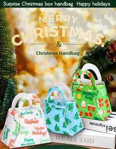 Detailed view of festive felt Christmas gift bags with Santa and tree patterns