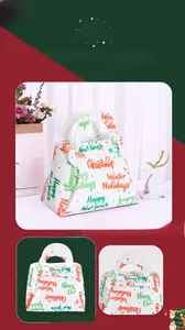 Detail of white Christmas non-woven gift bag featuring colorful festive holiday greetings