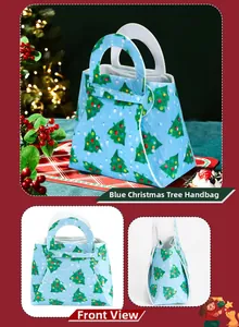 Blue Christmas tree felt gift bag showing front and side views with festive decor