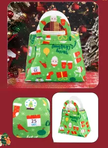 Detail of Christmas non-woven gift bag showing festive Santa print and green felt texture