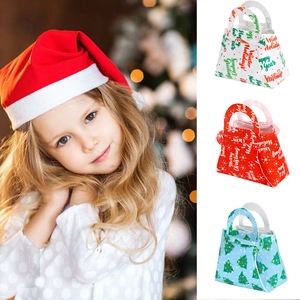 Three festive Christmas gift bags with colorful holiday prints and soft carry handles