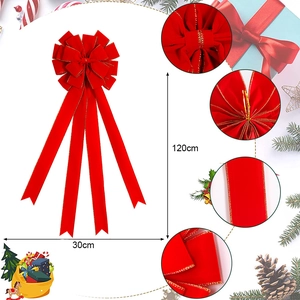 Large red velvet Christmas bow with gold glitter edges for tree and fireplace, 30x120cm