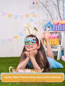 Detailed view of an Easter bunny ears headband and festive themed glasses on a girl