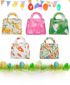 Detailed set of five colorful felt Easter party bags featuring rabbit and chick designs