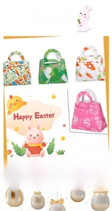Detail of colorful Easter felt gift bags with cartoon bunny patterns and Happy Easter text