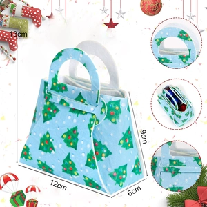 Blue felt Christmas candy bag with tree pattern and dimensions showing 12x6x9cm size