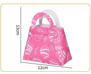 Pink felt Easter bag showing 13cm height and 12cm width dimensions with cute prints
