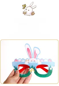 Detail of DIY Easter paper glasses featuring festive rabbits and colorful egg patterns